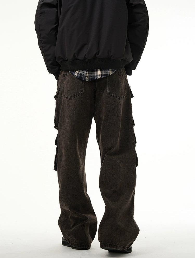Faded Multi Pocket Wide-Leg Cargo Jeans