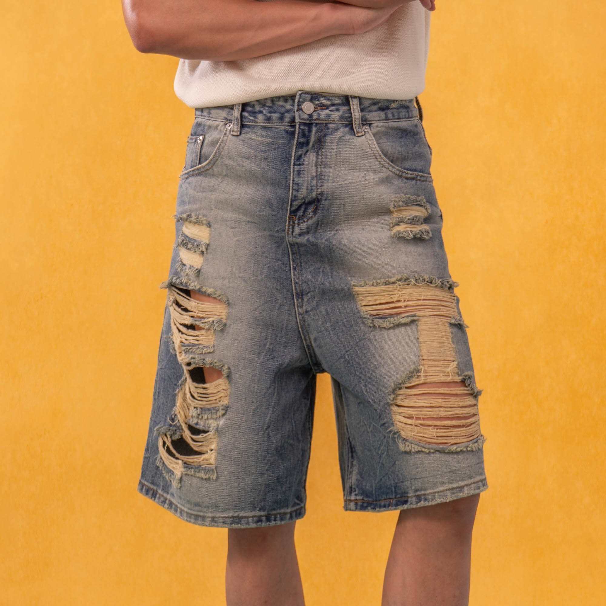 Destroyed Frayed Denim Shorts