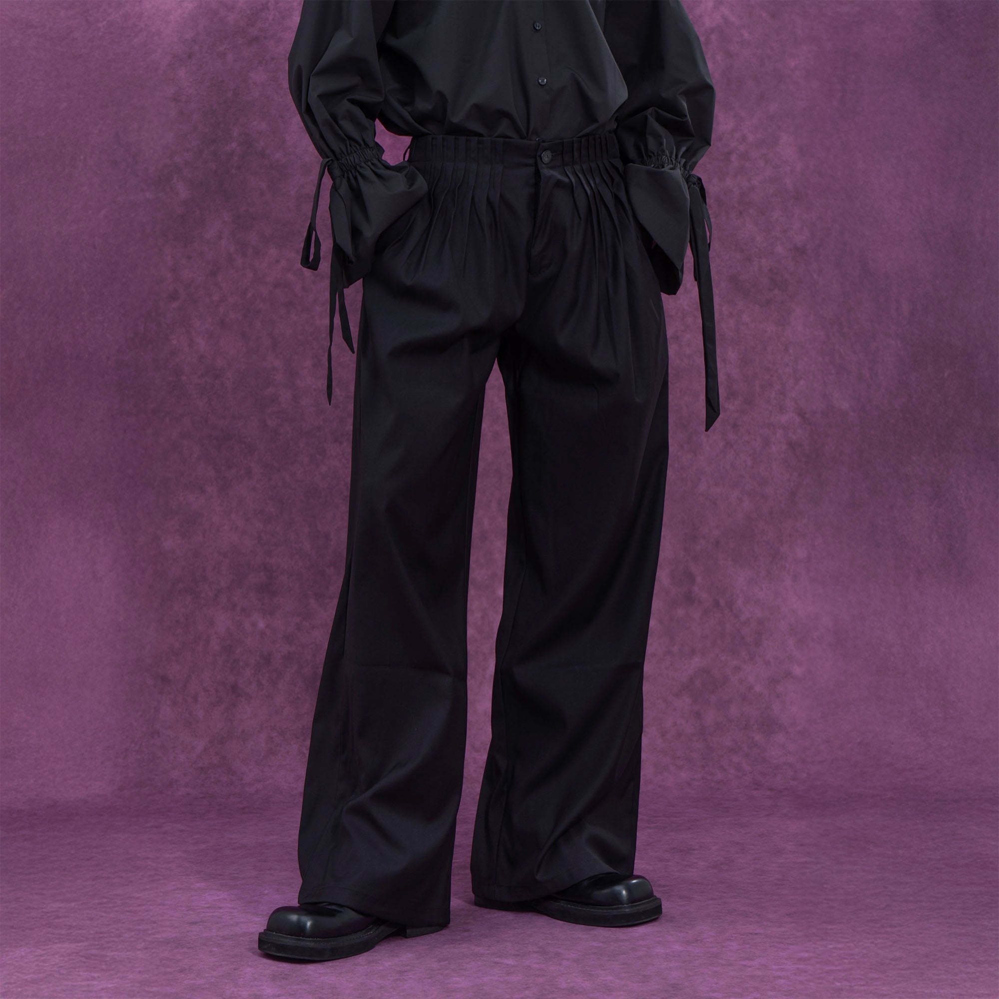 Pleated Waist Black Wide-Leg Trousers