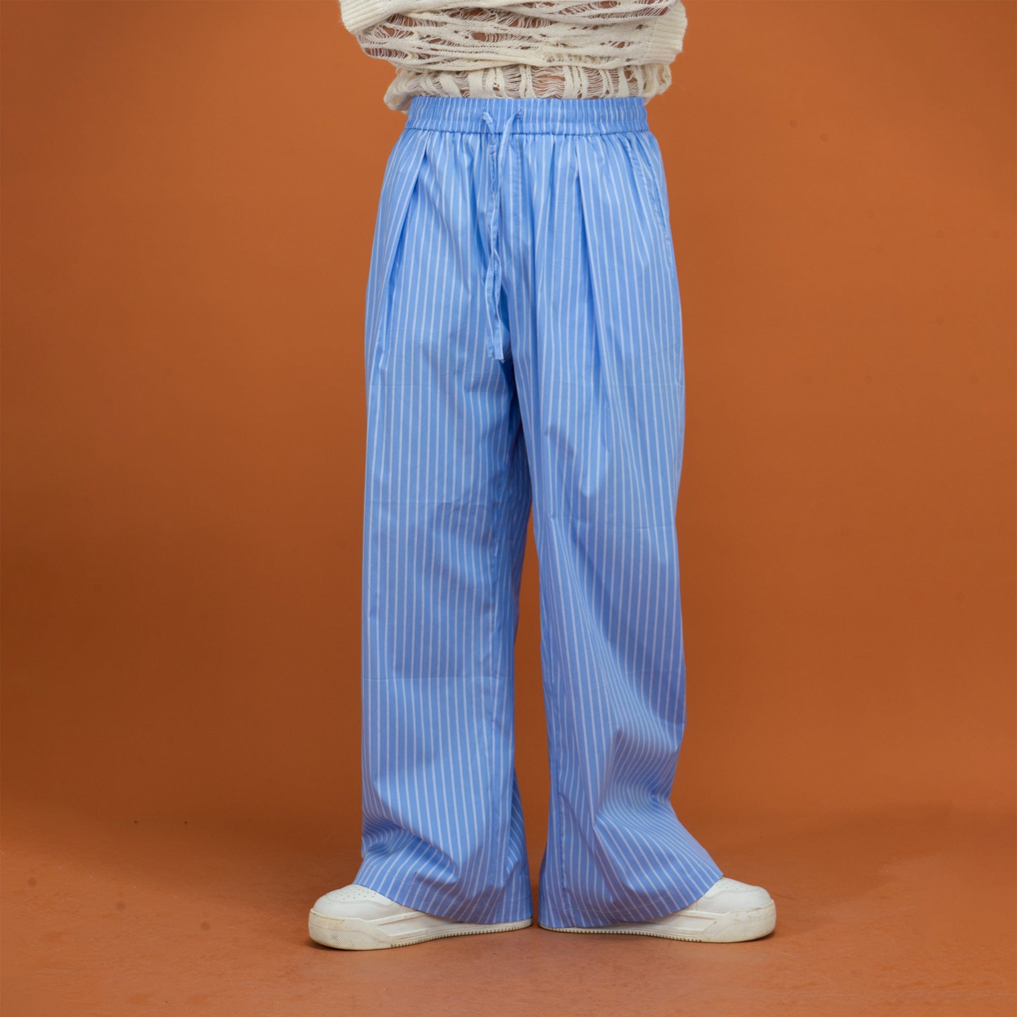 Blue Pinstripe Drawstring Wide-Leg Pants