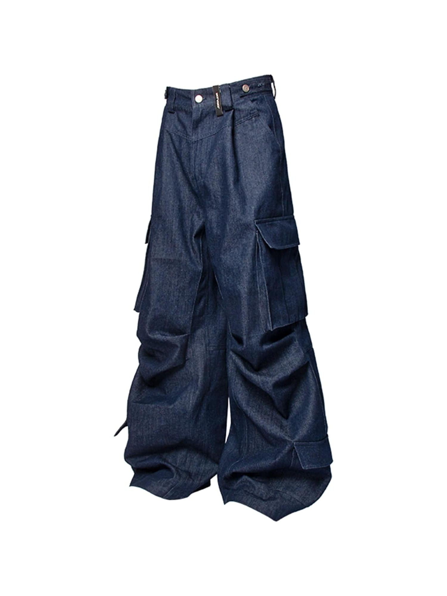Straped Big Pockets Wide Leg Cargo Jeans