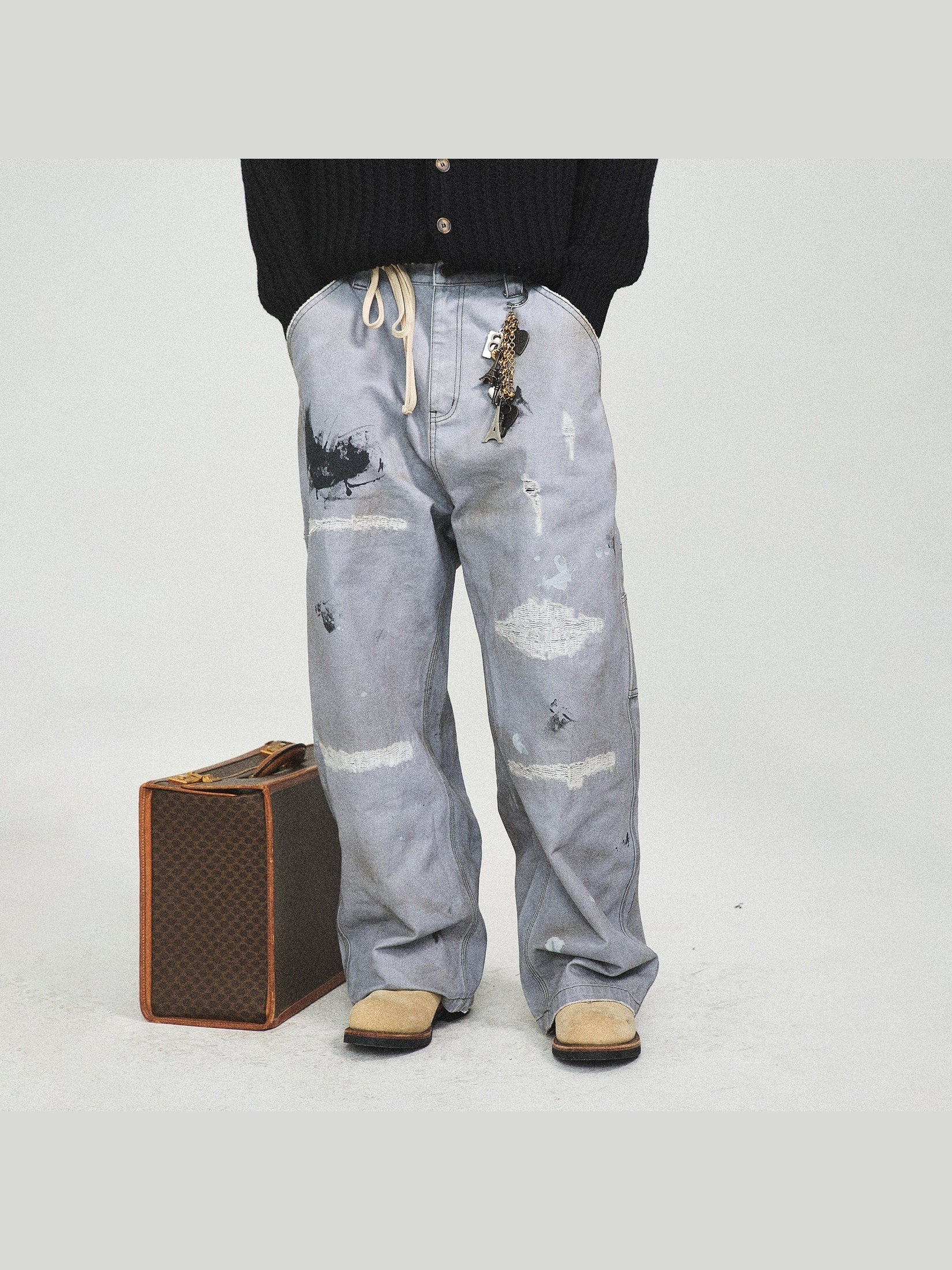 Distressed Spliced Wide-Leg Jeans