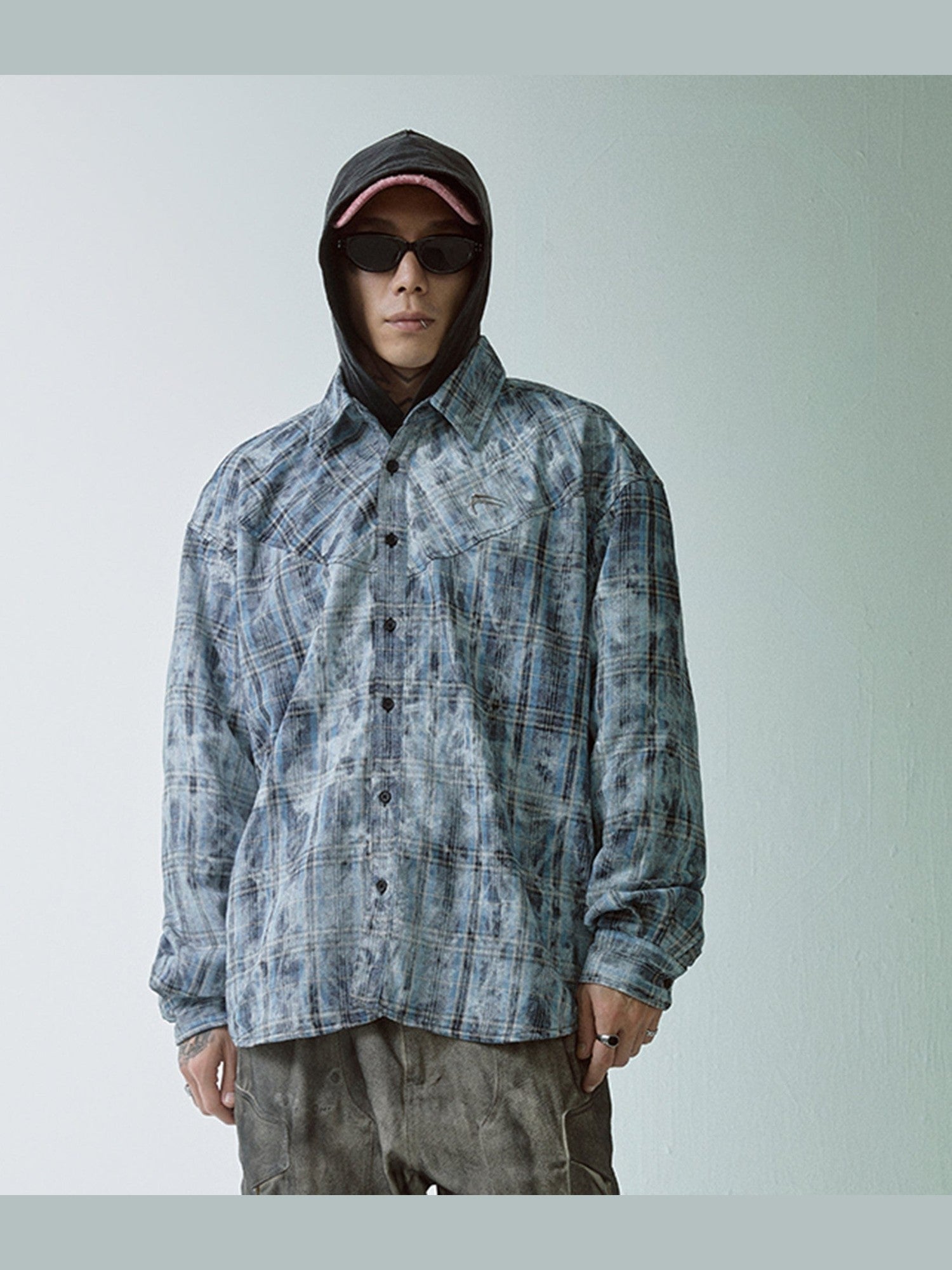 Acid Wash Plaid Flannel Long Sleeve Shirt