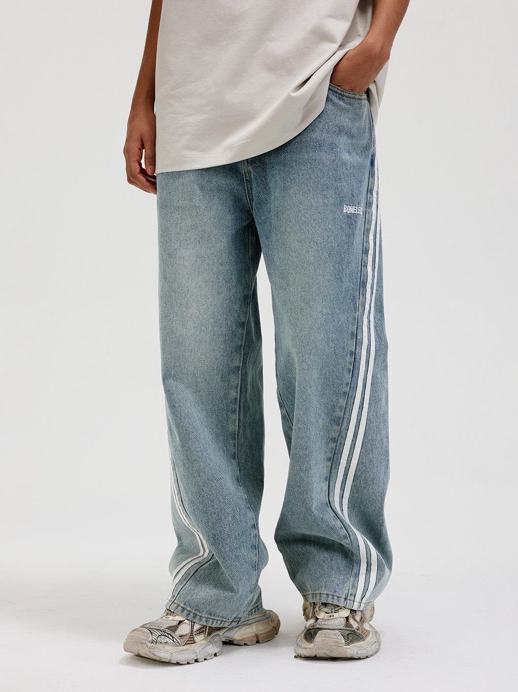 Side-Striped Light Wash Denim Jeans