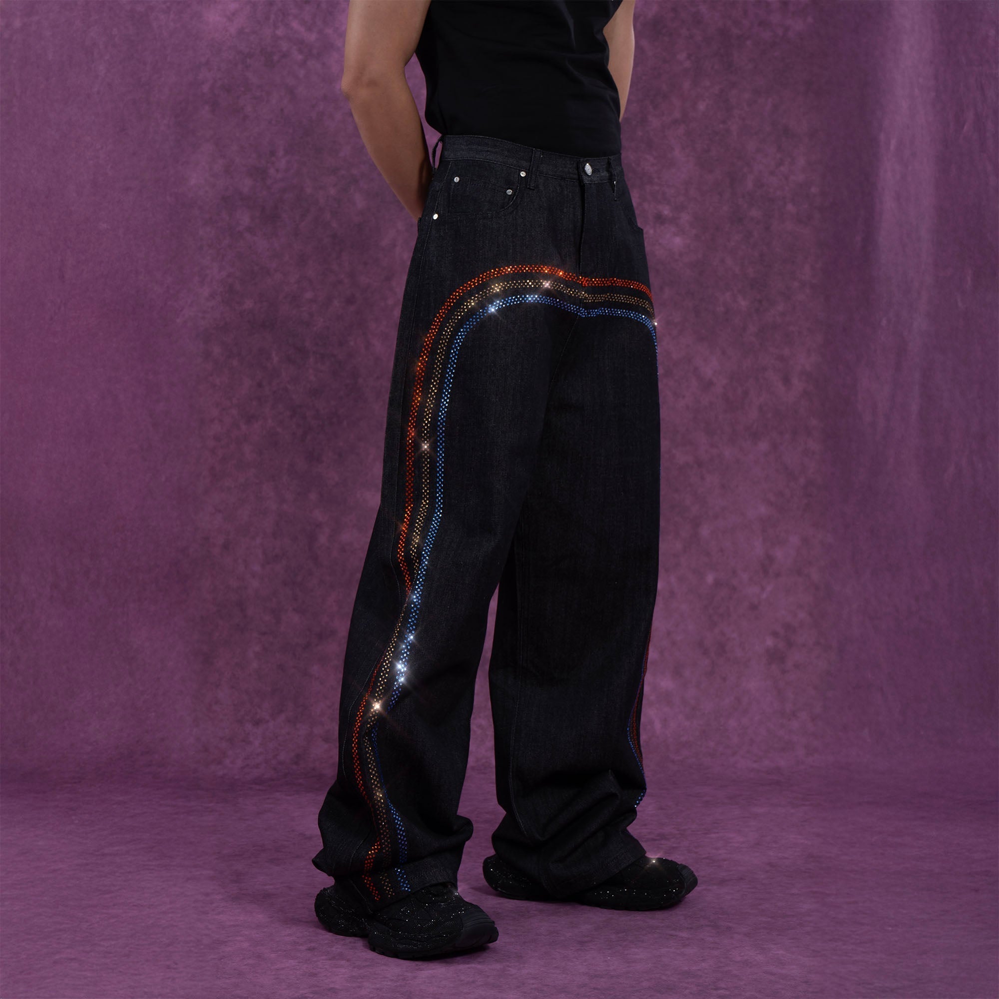 블랙 라인스톤 장식 와이드 레그 진