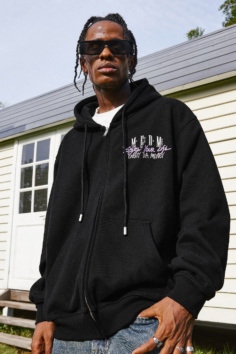 Zip-Up Hoodie with Enjoy Your Life Print - chiclara