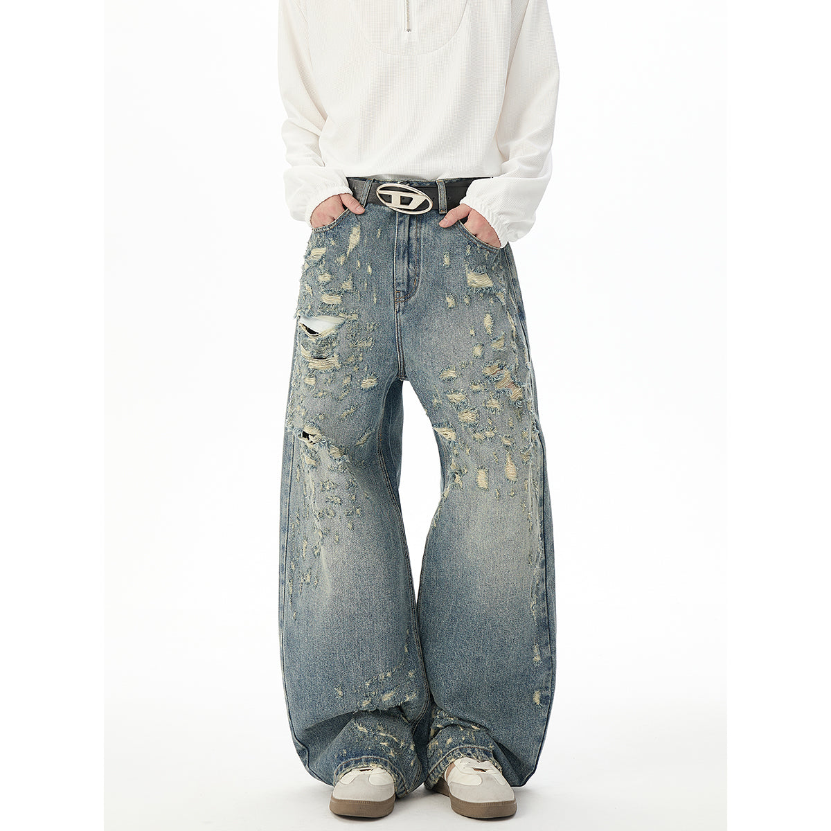 6109 - Style Store Multi Horizontal Yarn Hole High Quality Washed Denim Jeans