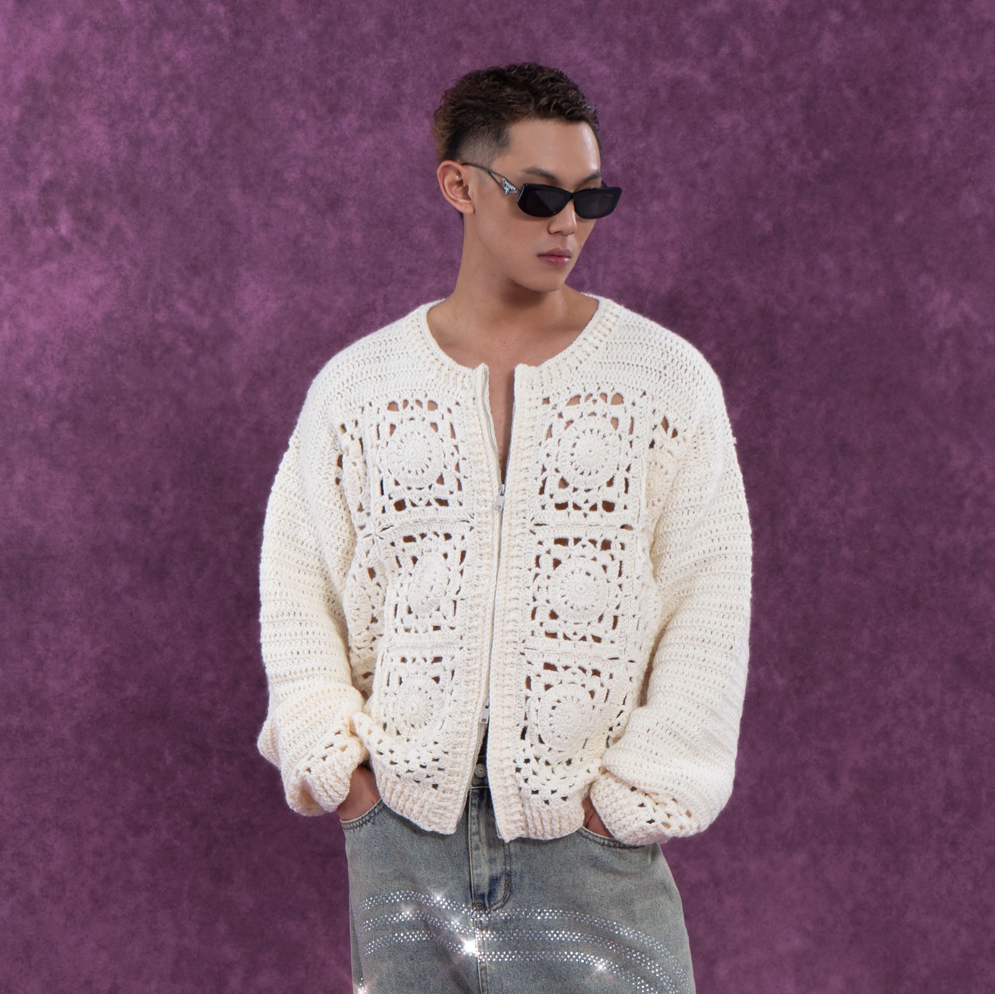 Cream Crochet Knit Cardigan