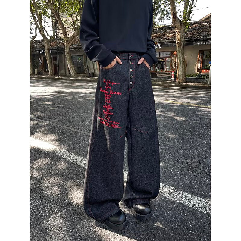 B385 American-style embroidered straight-leg jeans