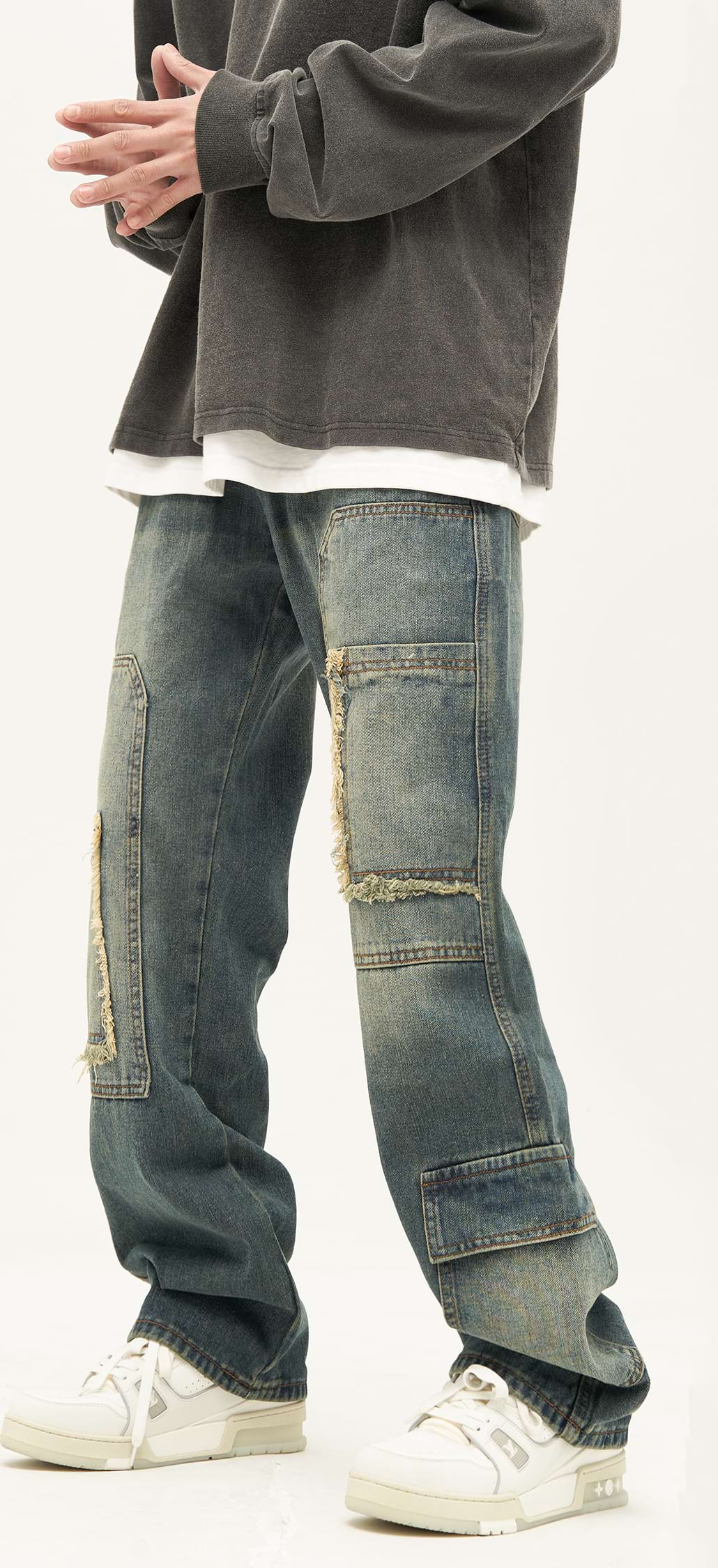 Patchwork Distressed Wide Leg Pocket Jeans