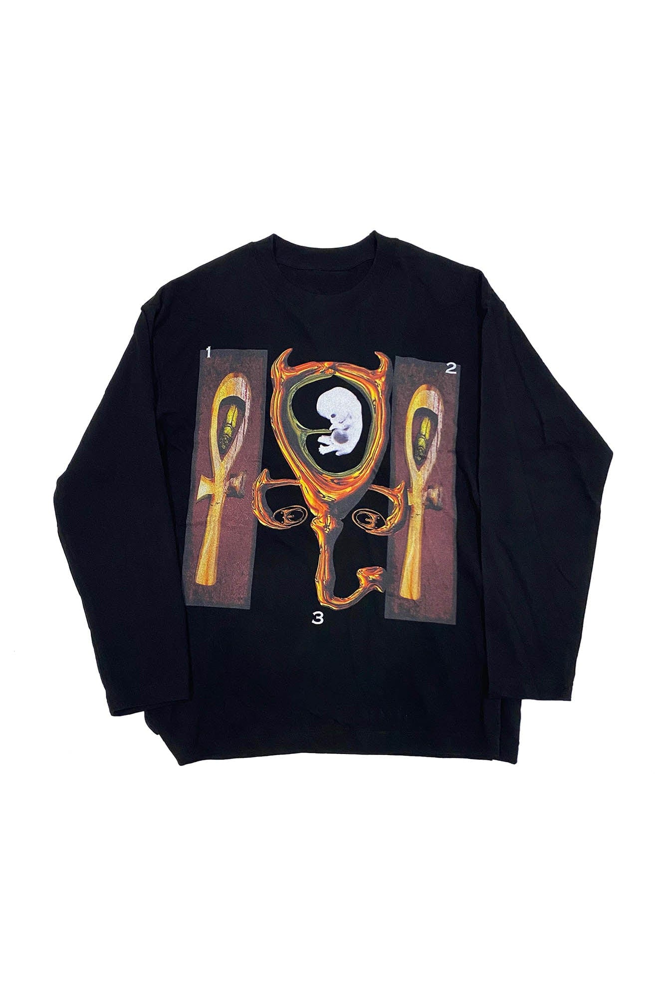 シュールレアリスムの胚グラフィック入り黒長袖Tシャツ
