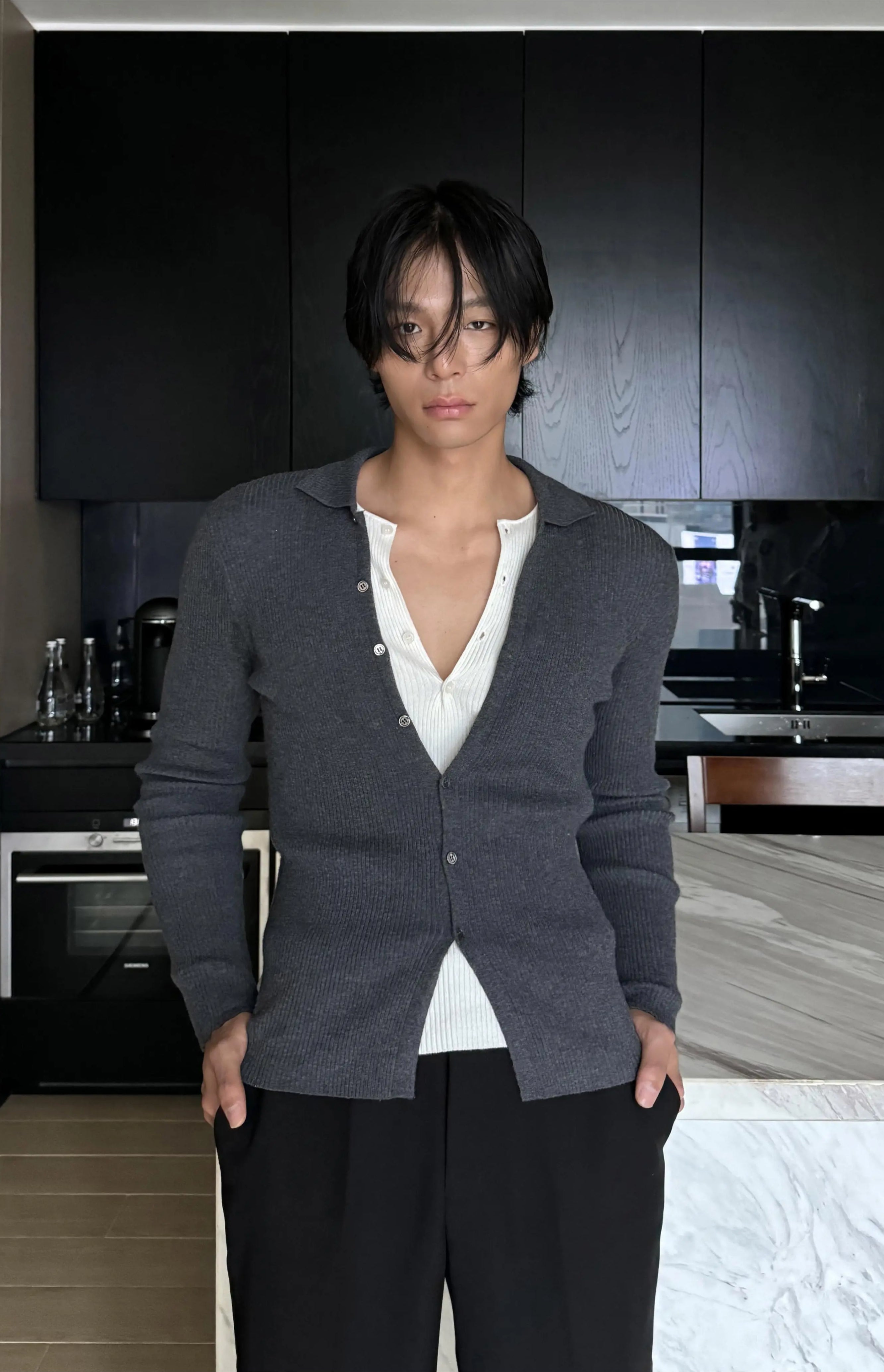 Charcoal Gray Classic V-Neck Button Cardigan