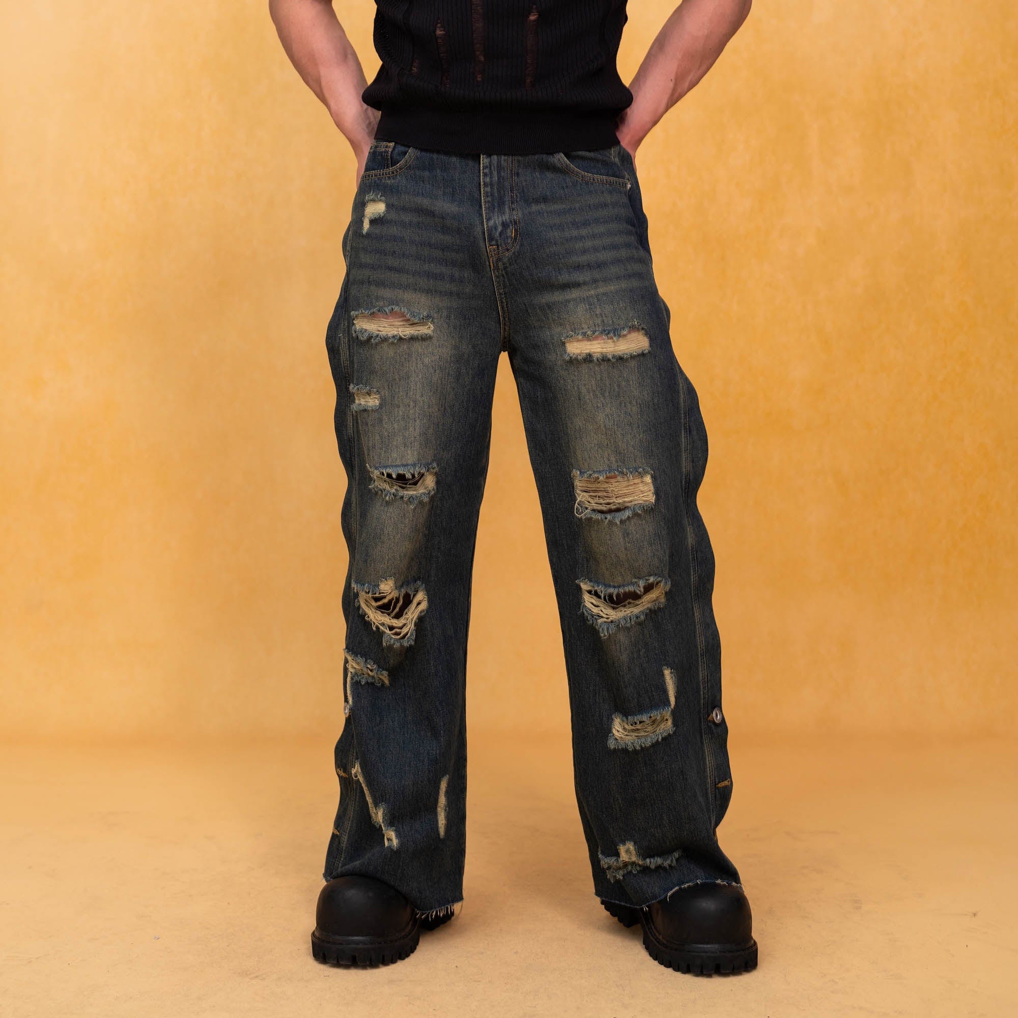 Heavy Distressed Buttoned Straight Leg Jeans