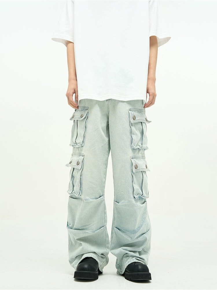 Faded Multi Pocket Wide-Leg Cargo Jeans