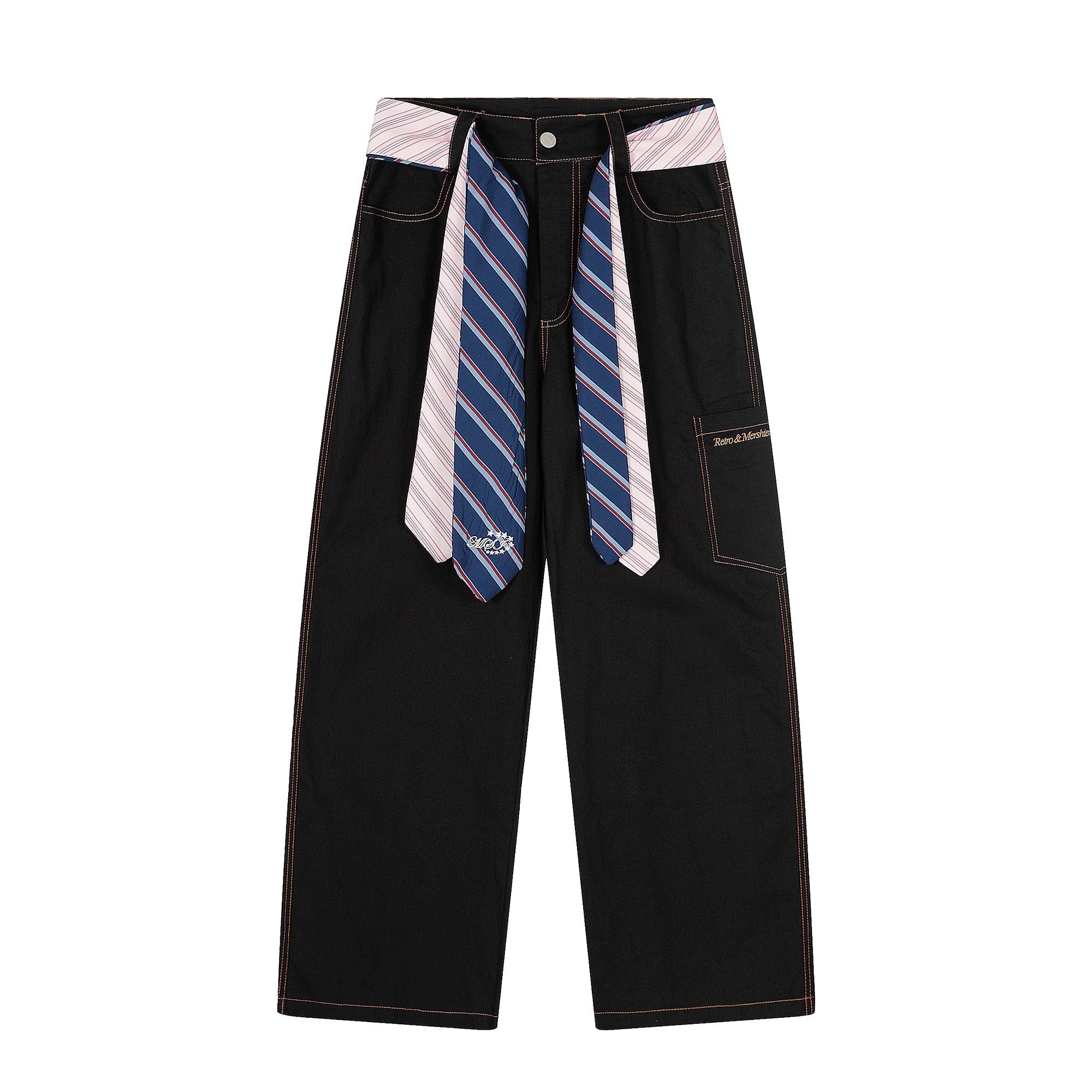 Wide-Leg Pants with Striped Tie Belt