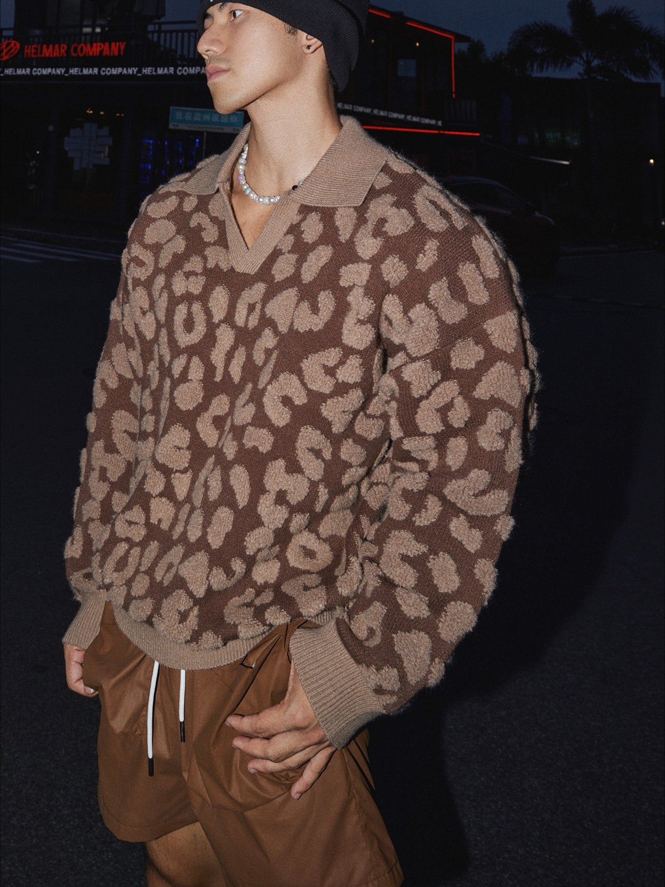 Brown Leopard Print Polo Sweater