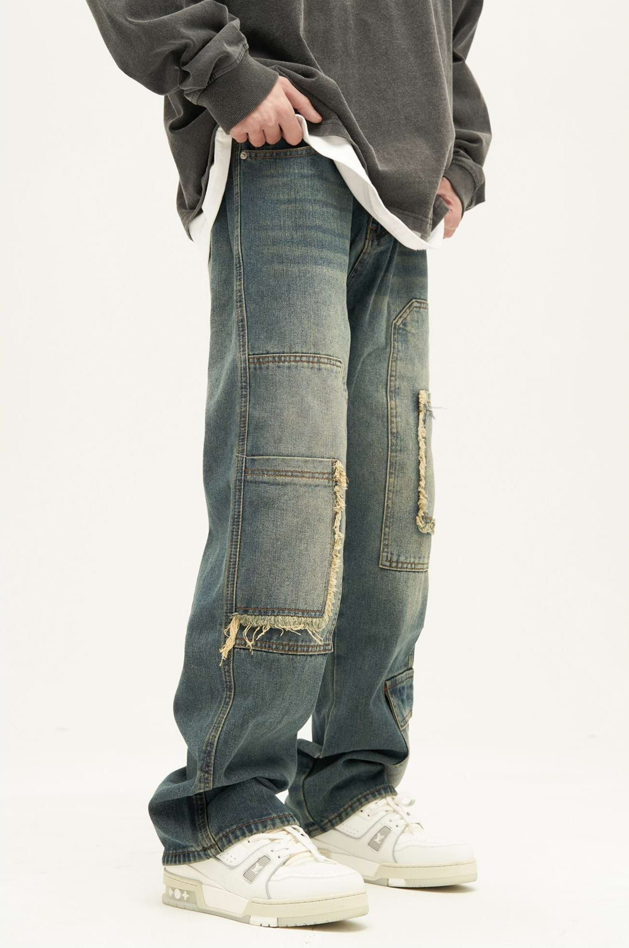 Patchwork Distressed Wide Leg Pocket Jeans