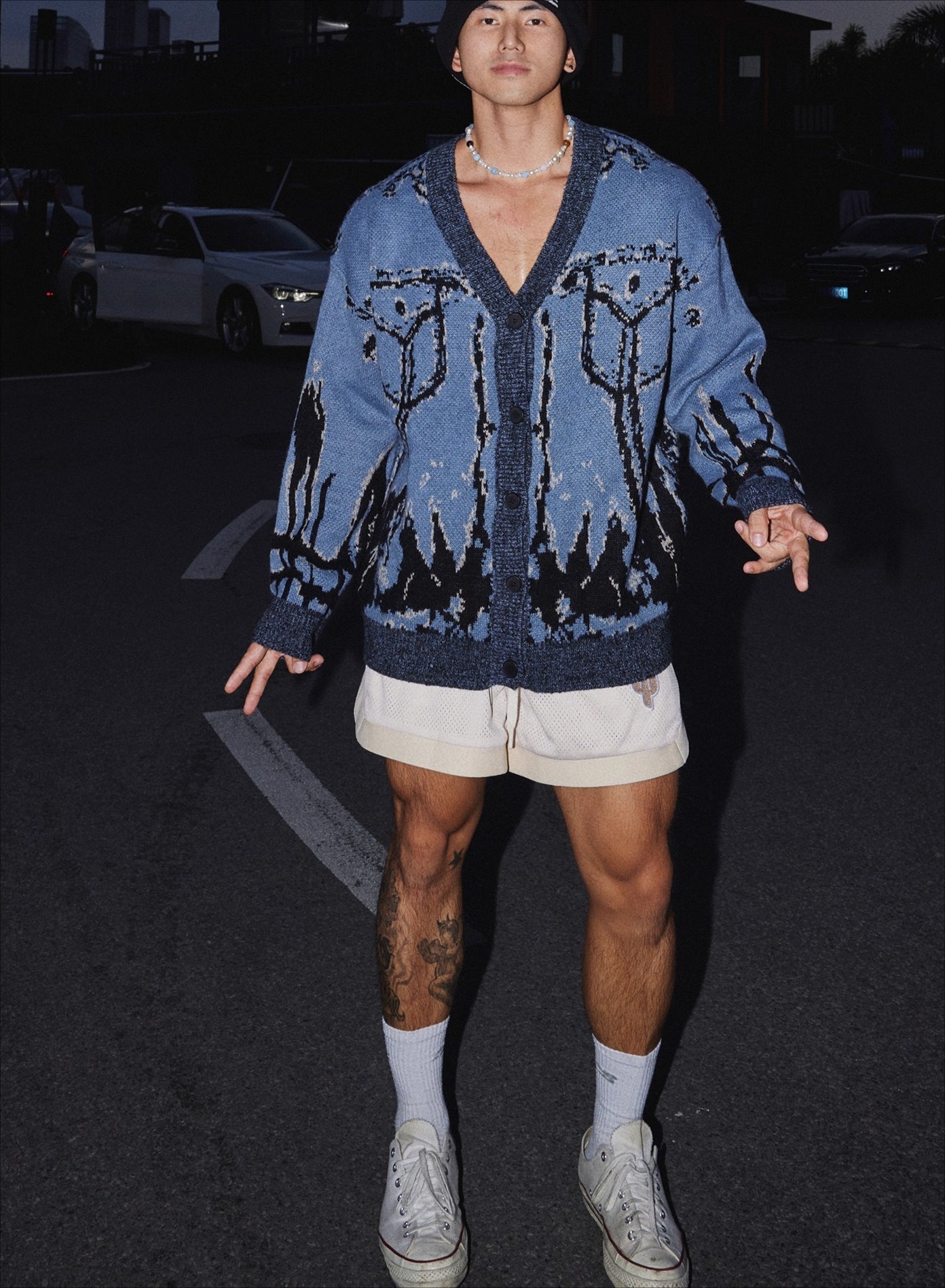 Blue Abstract Pattern Knit Cardigan