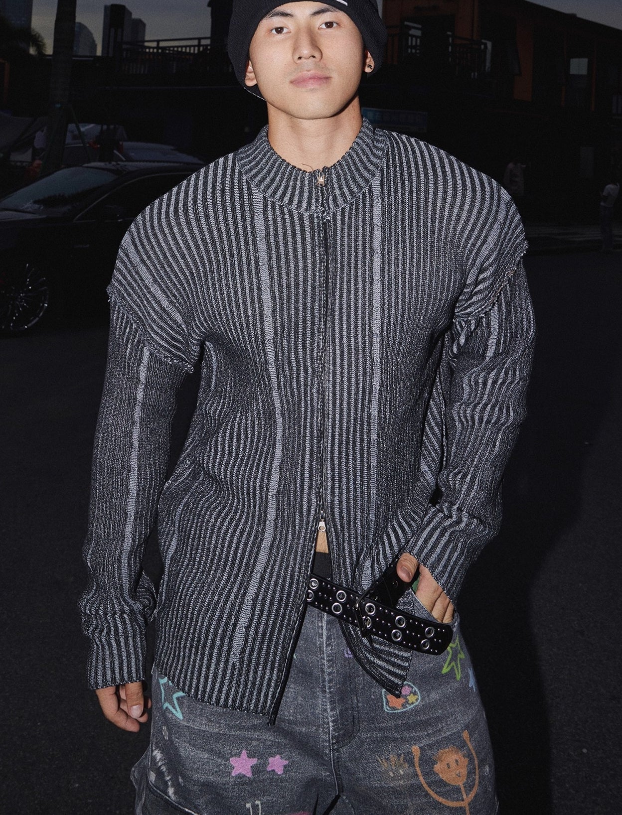 Striped Ribbed Zip Cardigan