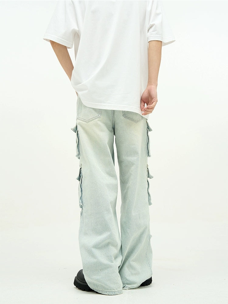 Faded Multi Pocket Wide-Leg Cargo Jeans