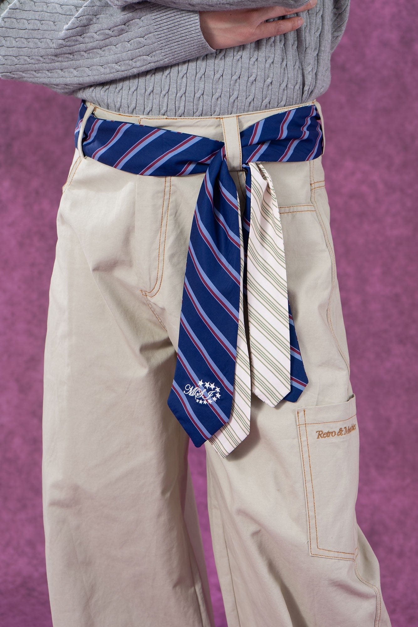 Wide-Leg Pants with Striped Tie Belt