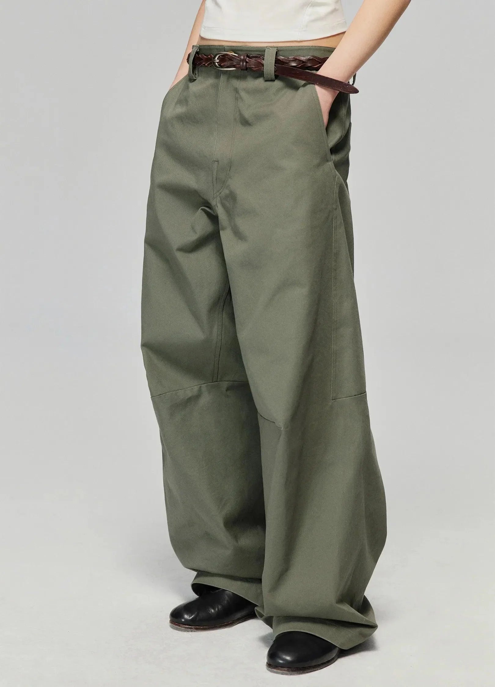 Wide-Leg Cotton Trousers with Darted Knees - chiclara