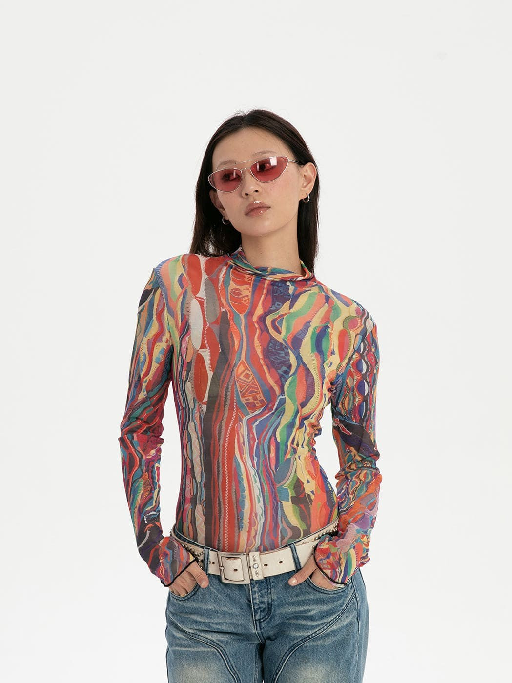 Psychedelic Abstract Print Mesh Top