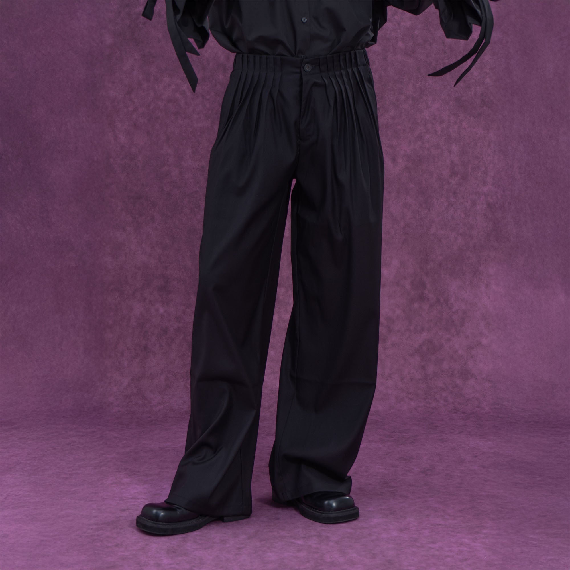 Pleated Waist Black Wide-Leg Trousers