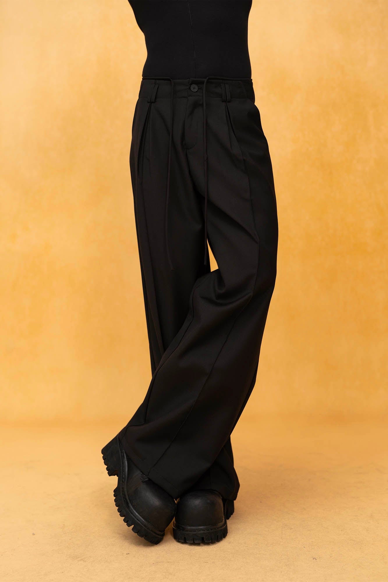 Wide-Leg Black Trousers with Drawstring Waist