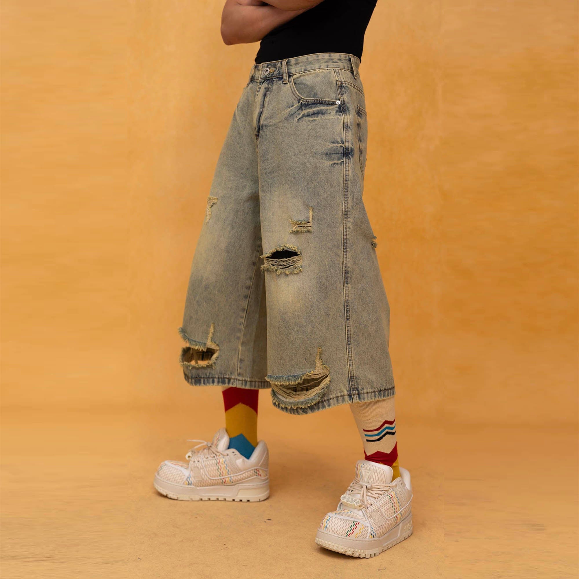 Distressed Wide-Leg Knee-Length Denim Shorts