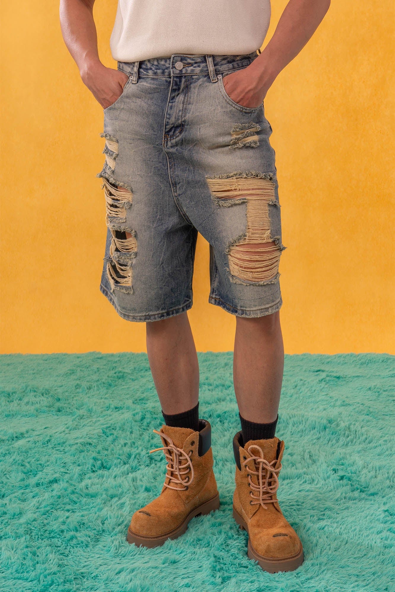 Destroyed Frayed Denim Shorts