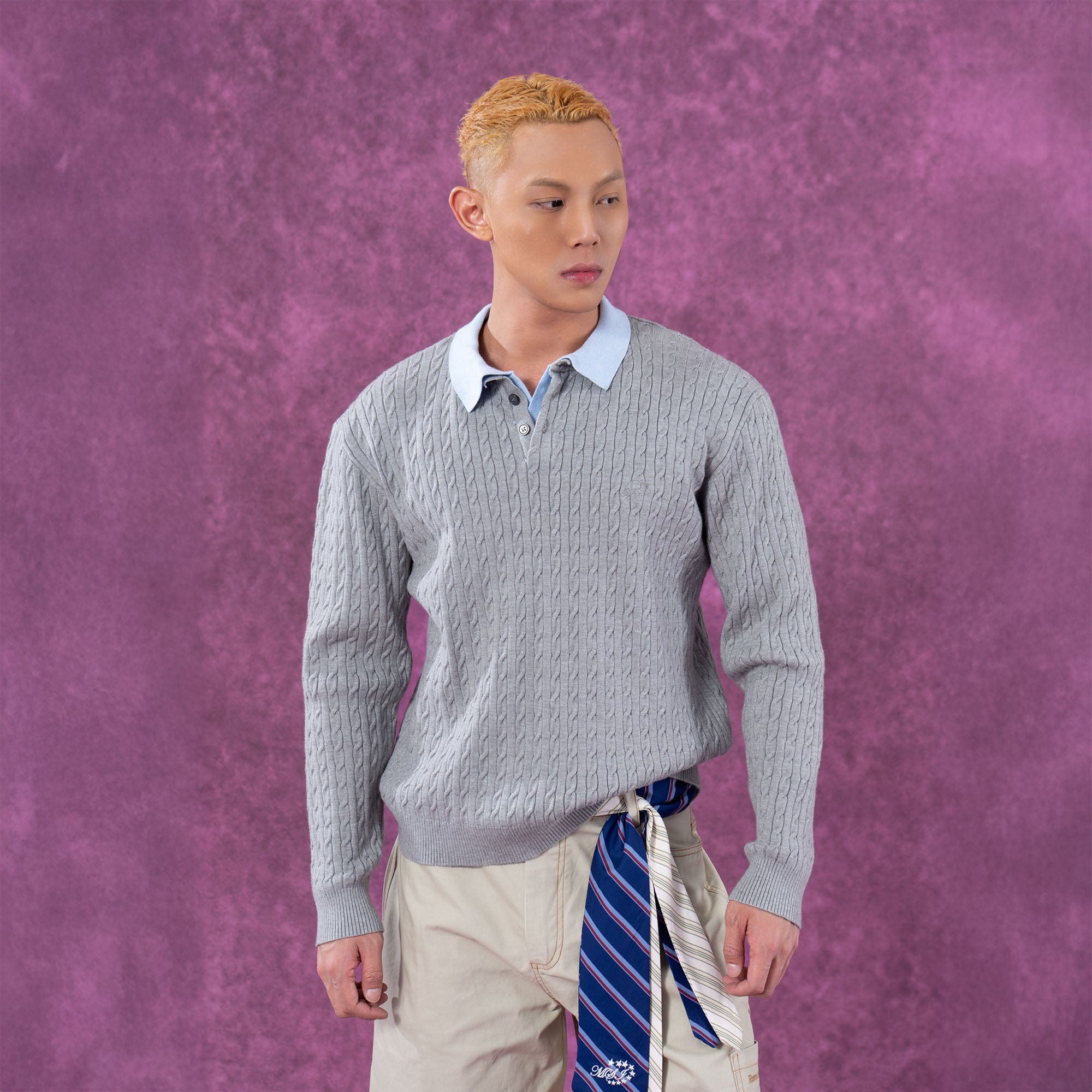 Preppy Cable Knit Polo Sweater