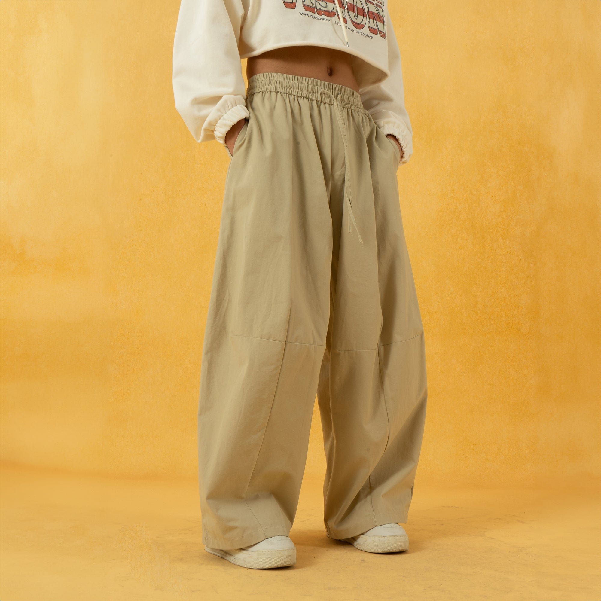 Spliced Wide-Leg Drawstring Pants