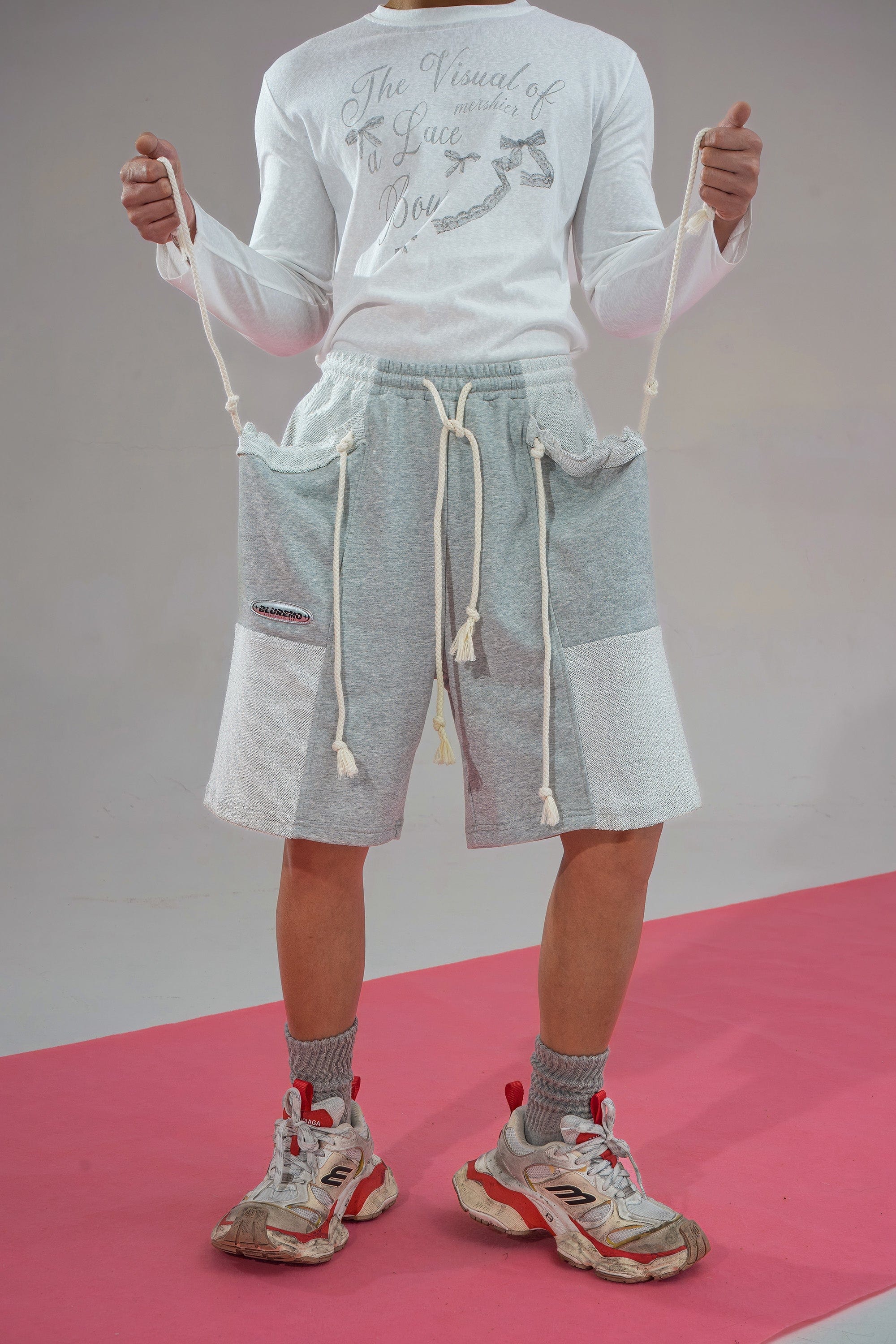 Patchwork Drawstring Shorts with Extra Long Rope Ties