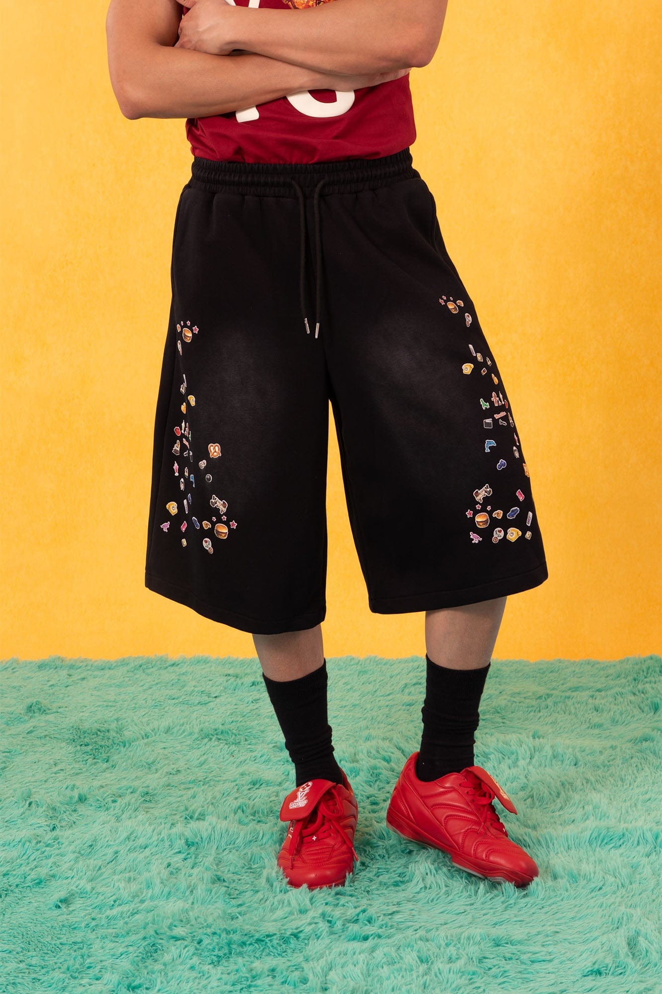 Black Sweat Shorts with Mini Sticker Print Graphics