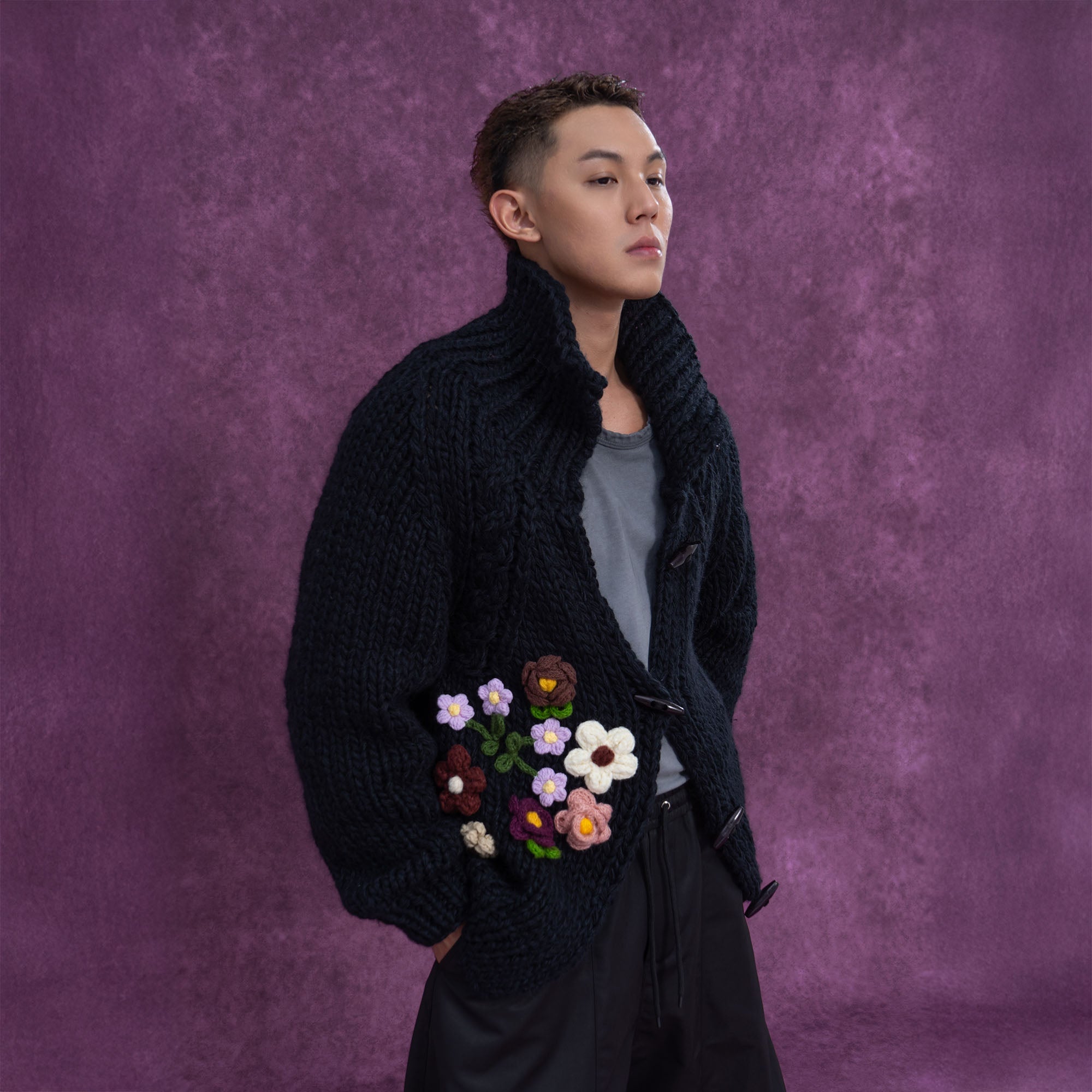 Chunky Knit Cardigan with Crocheted Flowers