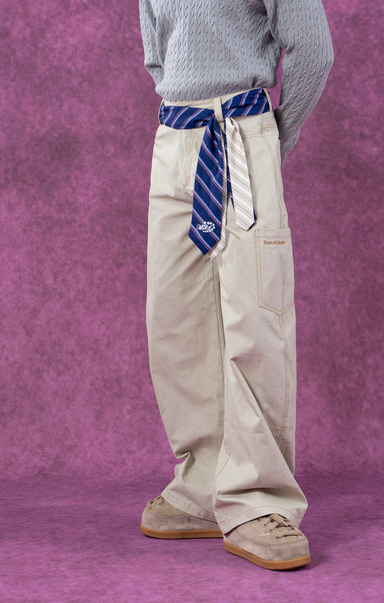 Wide-Leg Pants with Striped Tie Belt