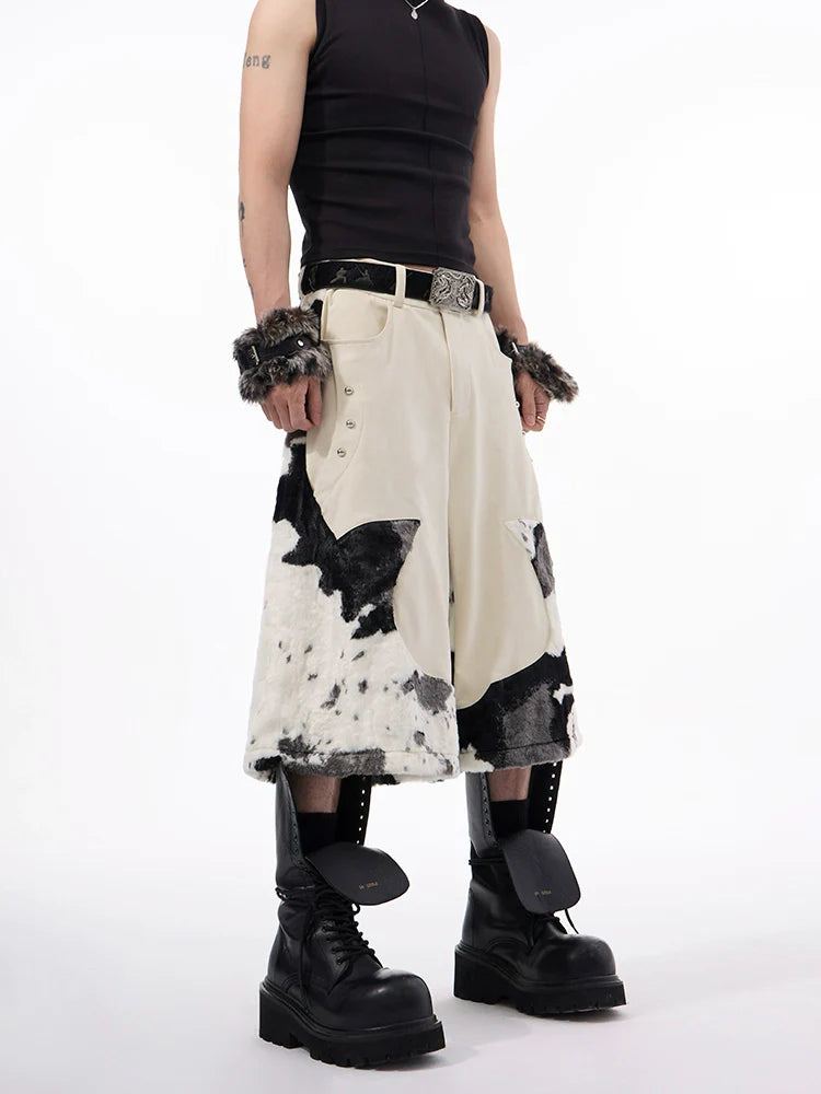 Cow Print Faux Fur Patch Shorts