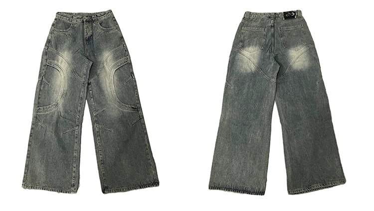 Wide-Leg Vintage Washed Jeans with Curved Stitching