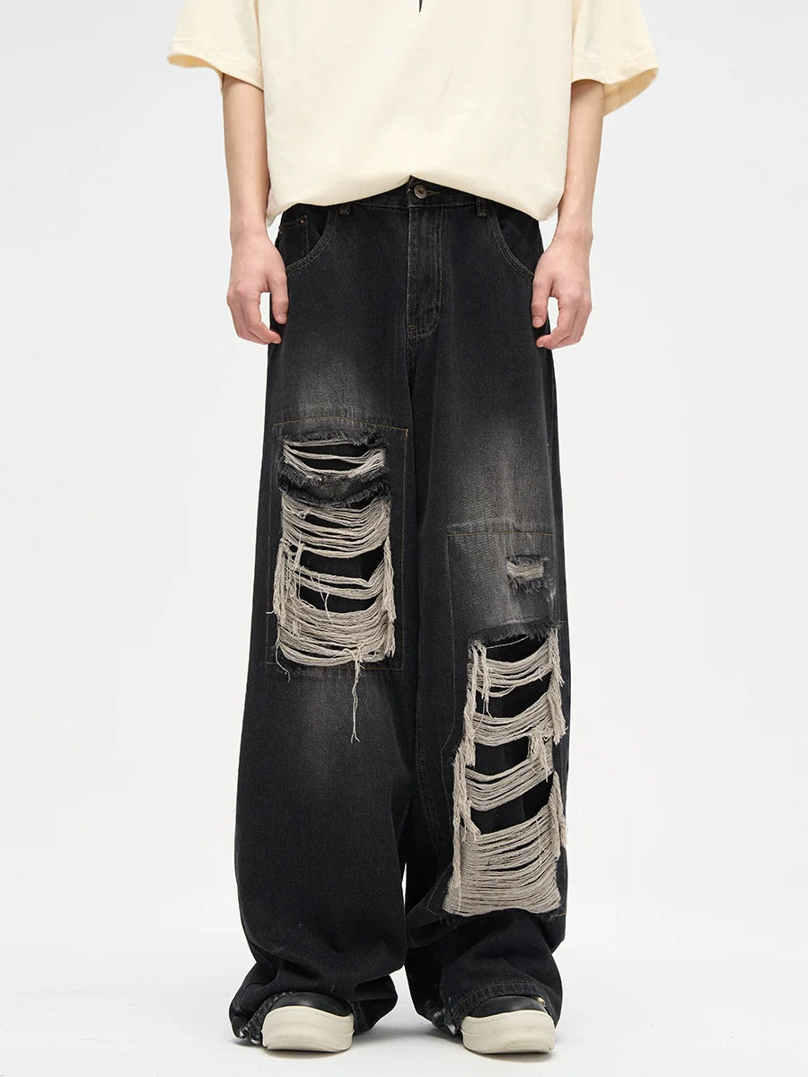 Dripped Panels Wide Leg Baggy Jeans