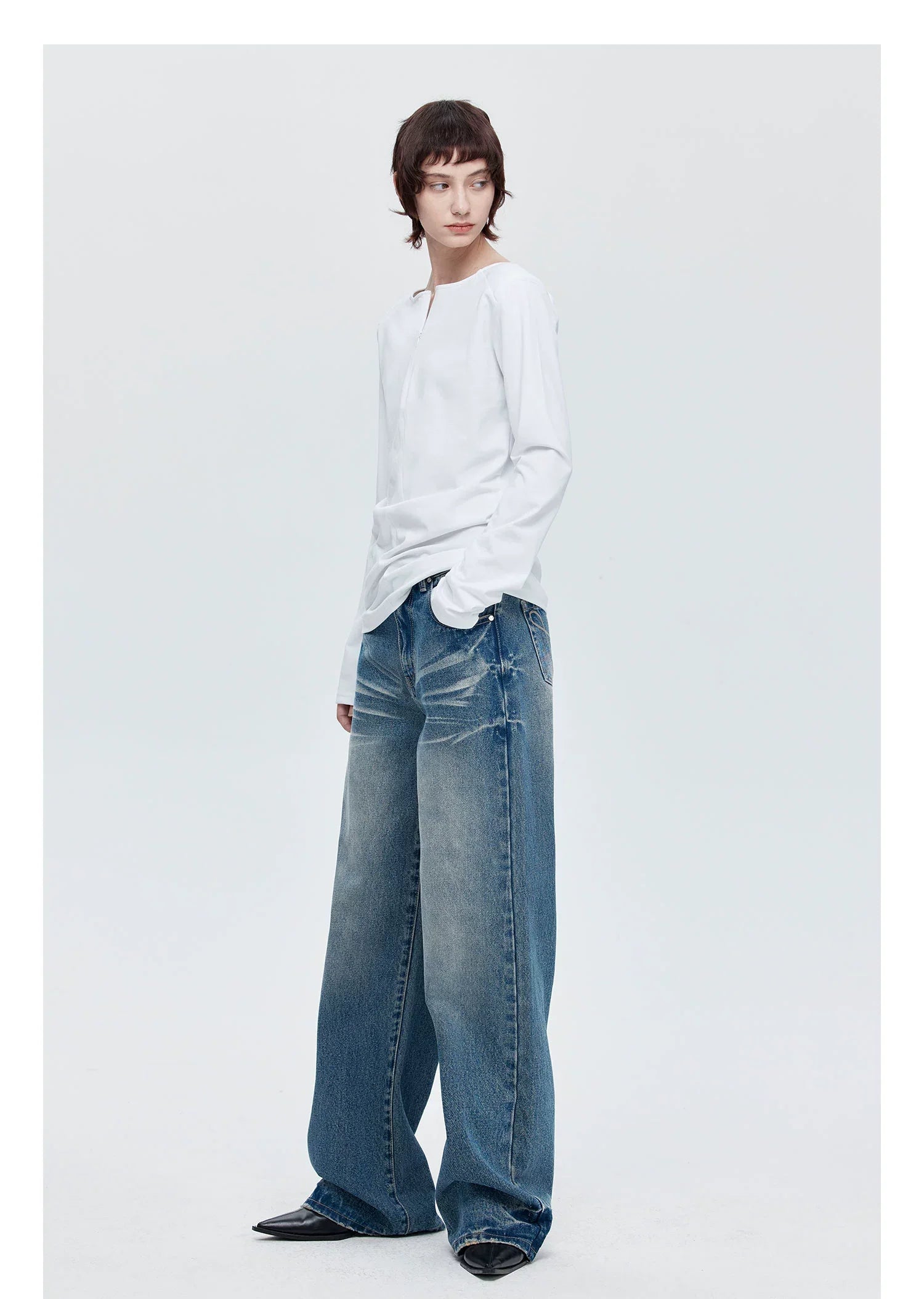 블루 빈티지 워싱 와이드 레그 진