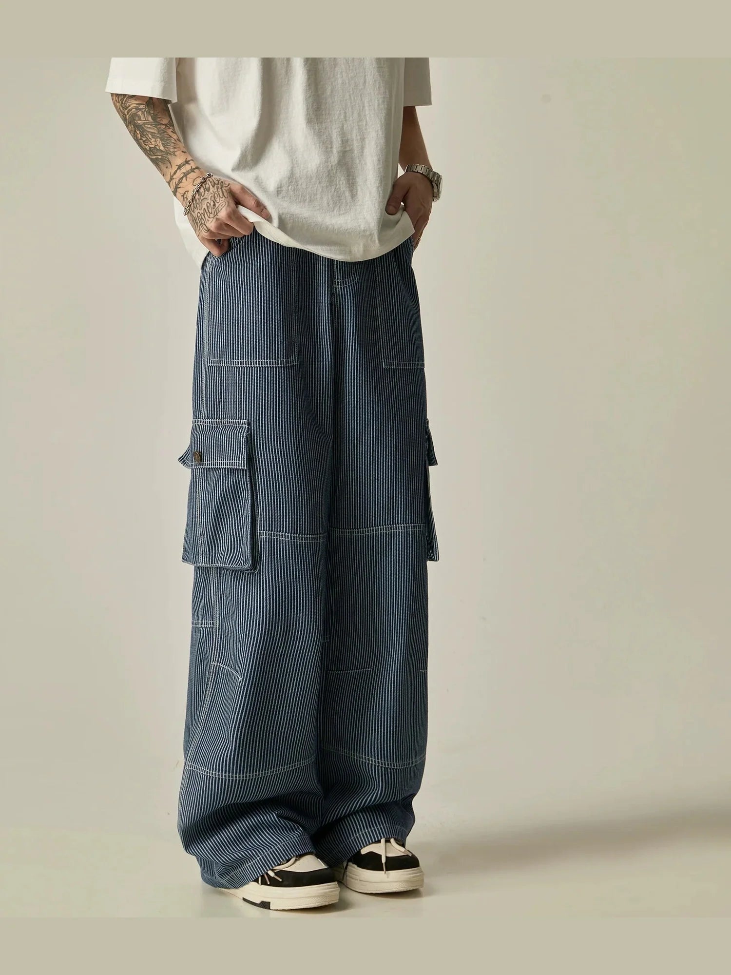 Pinstriped Wide-Leg Cargo Utility Pants