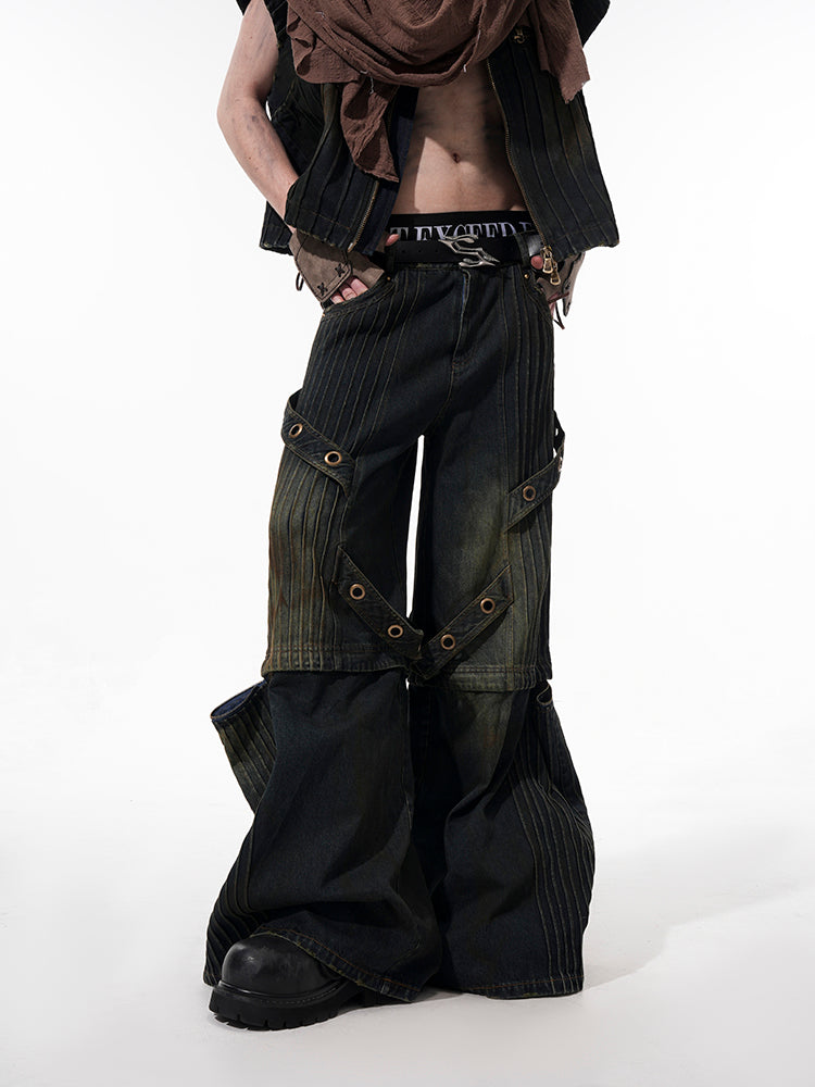 Standing-Neck Industrial Denim Jacket and Denim Pants Setup