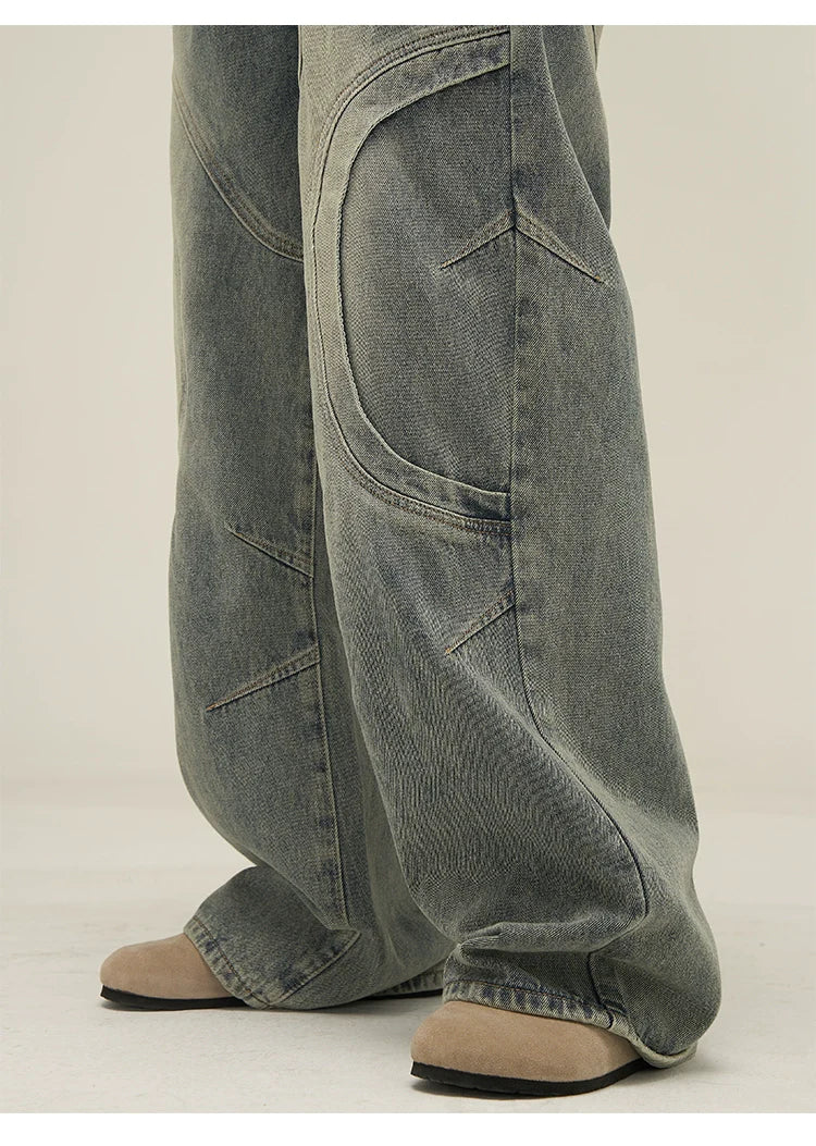 Wide-Leg Vintage Washed Jeans with Curved Stitching