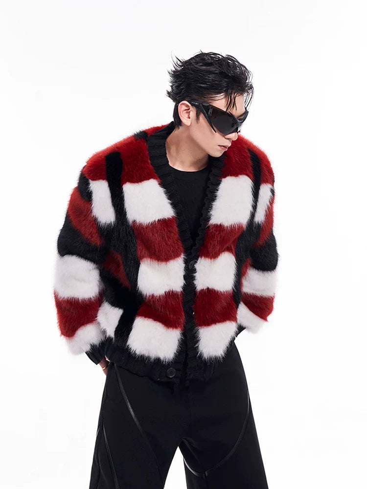 Tricolor Plaid Faux Fur Cardigan