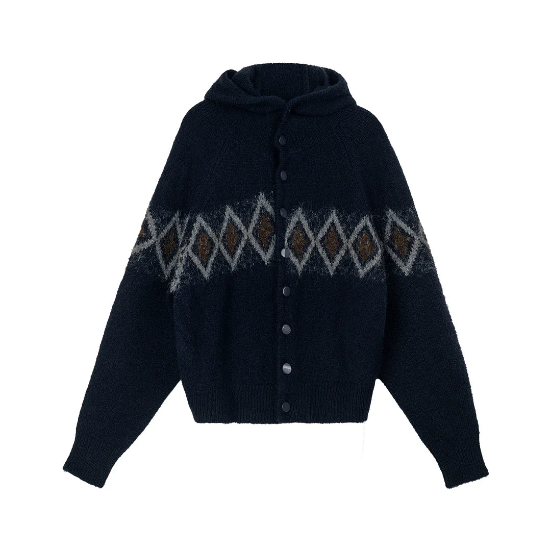 Diamond Pattern Hooded Wool Cardigan