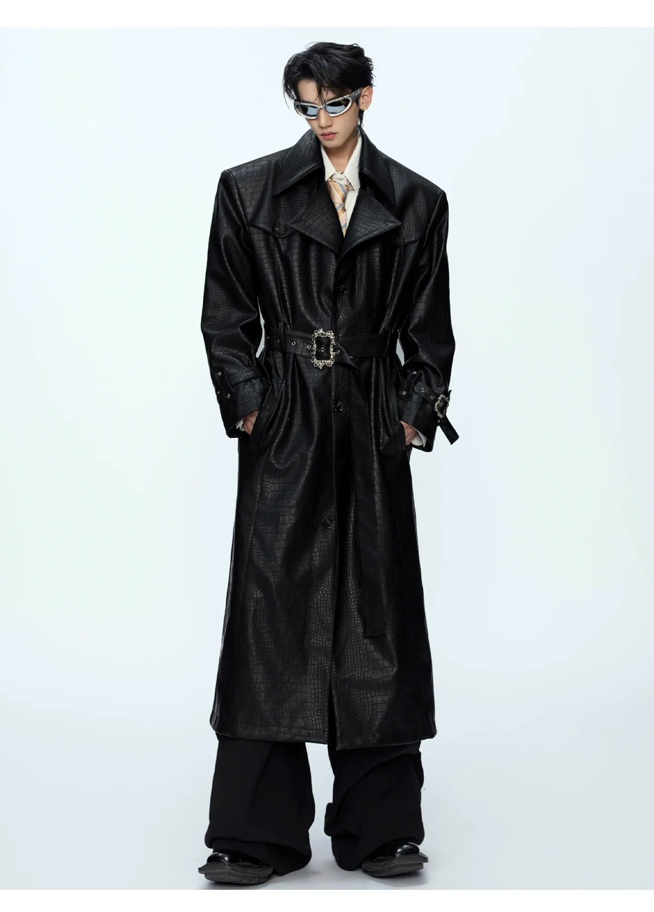 Crocodile Pattern Black Trench Coat