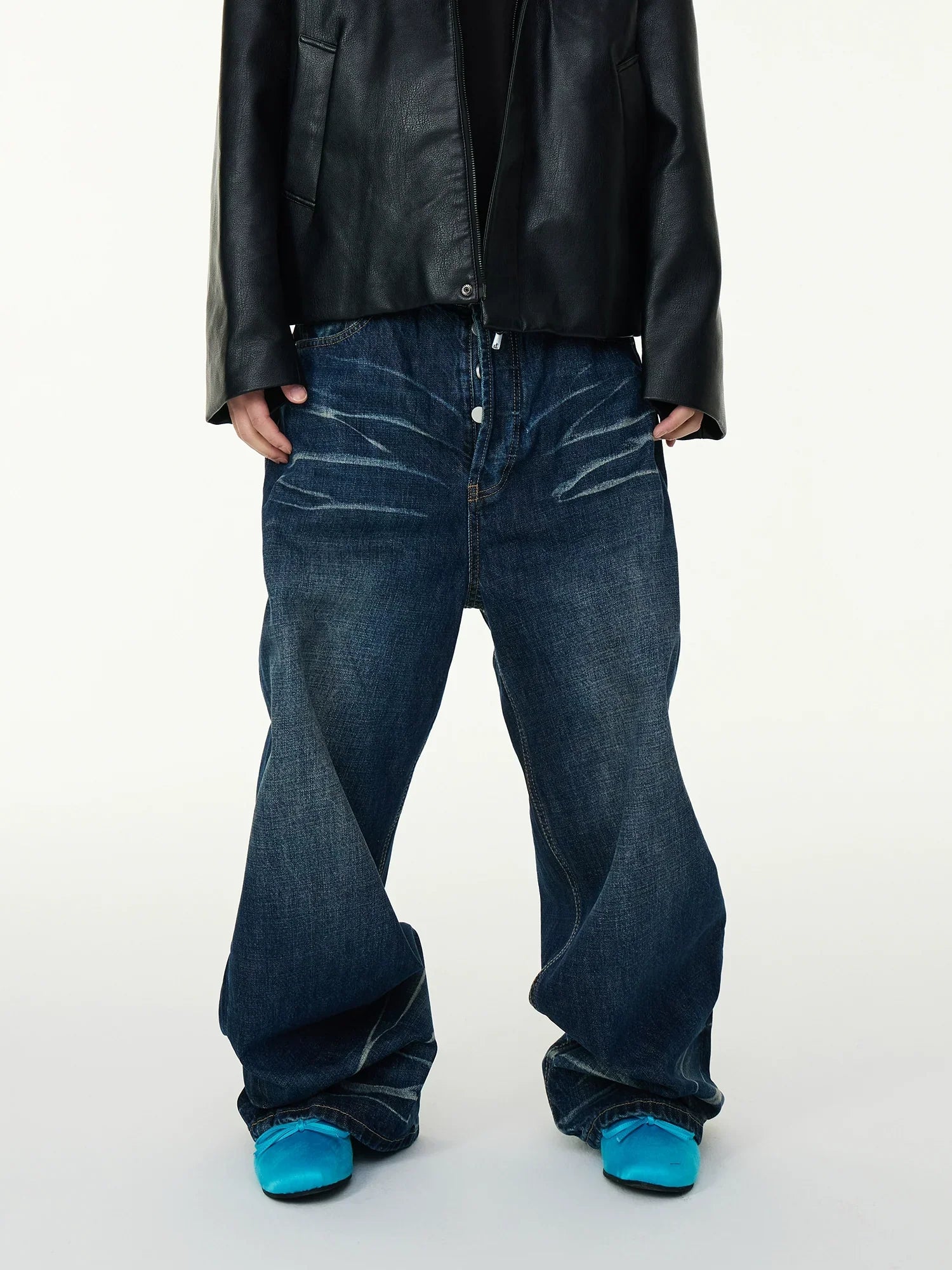 Blue Wide-Leg Whiskered Stacked Jeans