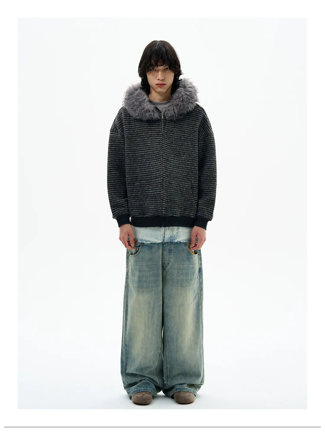 Striped Faux Fur Collar Zip Hoodie