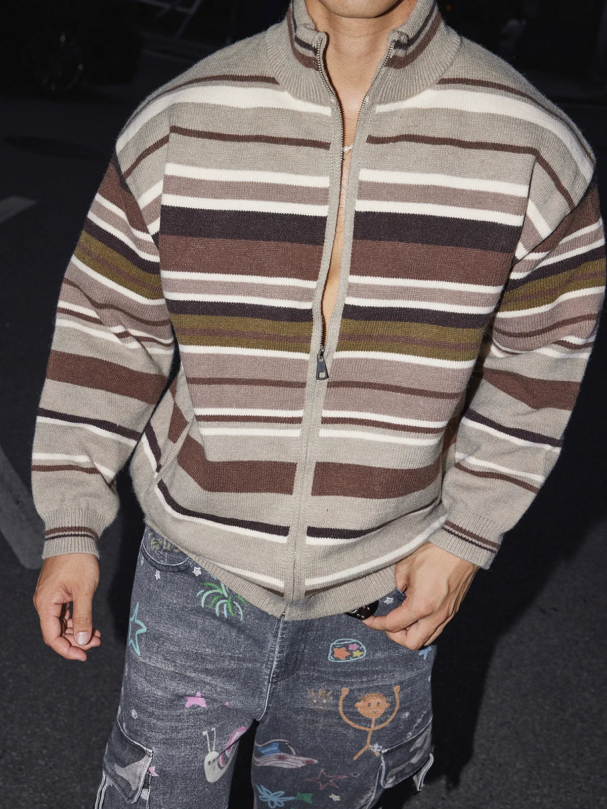 Brown Striped Zip Up Knit Sweater